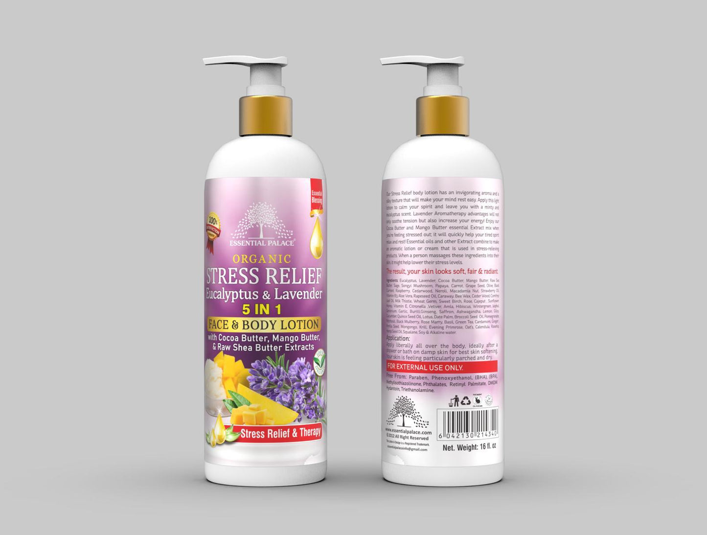 🌿 Essential Palace Organic Stress Relief Lotion – Eucalyptus & Lavender (5-in-1) – 16.1 fl oz